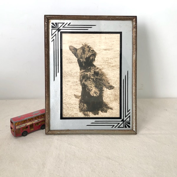 Vintage 1930s Art Deco Reversed Painted Glass with Metal Surround Photo Frame with Black and White Photo of a Scottie Dog - Vertical Frame