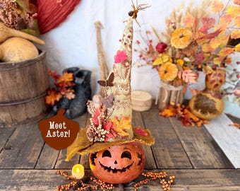Fall Table Centerpiece, Halloween Pumpkin Gourd Luminary, Handmade Witch Decor, Rustic Autumn Decoration, OOAK Decor