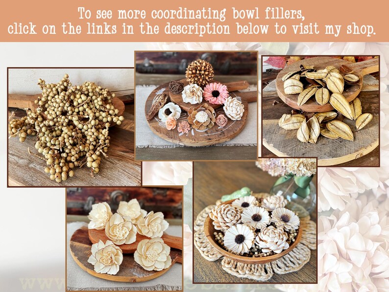 This shows a collage of bowl fillers I sell at my shop, Boutique Barn. It includes natural dried berries and wood flowers.