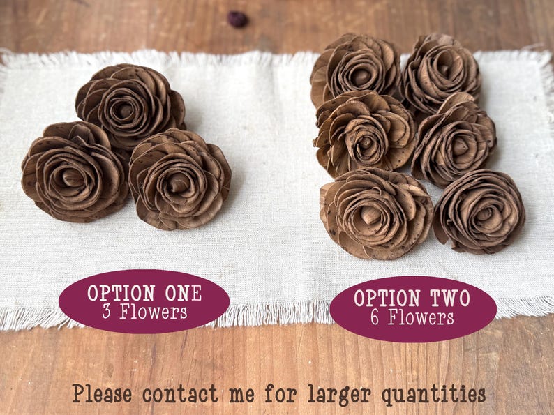 This shows a set of 3 and a set of 6 chocolate brown flower blossoms that are offered for sale. Text at the bottom indicates larger quantities can be special ordered.