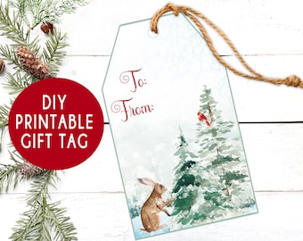 クリスマス ギフト タグ、印刷可能な森の動物ギフト タグ、冬のウサギ、プレゼント ラベル、DIY ギフト タグ、クリスマス ラッピング デジタル ダウンロード