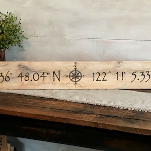 Positionsschild, GPS-Hauskoordinatenschild mit Längen- und Breitengrad, personalisierter Hochzeitstag Holzwandkunst