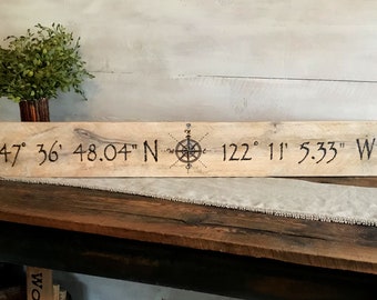 Location Sign, GPS Home Coordinates Sign With Longitude Latitude, Personalized Wedding Anniversary Wood Wall Art