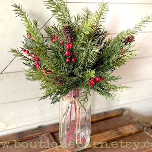 Christmas Greenery, Artificial Pine Fir and Berry Spray, Vase Filler, Wreath Arrangement Centerpiece Supplies