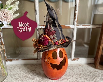 Halloween Pumpkin Decoration, Whimsical Pumpkin, Carved Gourd, Witch Decoration, Gourd Art, Indoor Fall Pumpkin With Lights