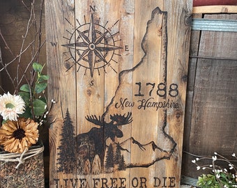 New Hampshire Wall Art, Rustic Wood Map NH, Decorative Wall Art, Wooden State Sign, Moose Wall Art