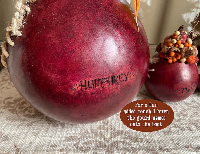 Pu&ograve; includere: Una zucca rotonda di colore rosso intenso con una finitura liscia e screziata. Il nome HUMPHREY &egrave; inciso a fuoco sulla superficie in lettere nere, fiancheggiato da piccoli punti. Una spessa corda di juta chiara &egrave; legata al bordo superiore.