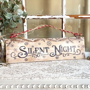 Cartello natalizio "Notte silenziosa", decorazione natalizia rustica d'epoca, decorazione della foresta invernale, cartello in legno di recupero, decorazione da camino
