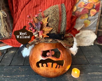 Spooky Pumpkin Gourd Halloween Decor, Handmade Fall Luminary, Rustic Autumn Decoration, Whimsical Farmhouse Centerpiece, OOAK Gift