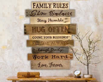 Handmade Family Rules Wood Wall Décor, Large Statement Piece For Living Room Wall, House Rules Sign, Family Gift