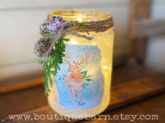 Christmas Jar With Lights, Deer In Forest, Mason Jar Decor, Rustic Vase or Centerpiece, Winter Luminary, Tabletop Decor, Mantle Decor