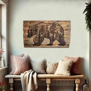 Wood Bear Wall Art, Pine Forest Wall Art, Black Bear Silhouette, Large Statement Wall Decor For Living Room, Reclaimed Wood Decor image 12