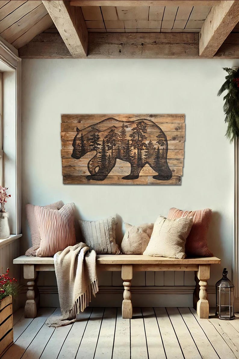 Wood Bear Wall Art, Pine Forest Wall Art, Black Bear Silhouette, Large Statement Wall Decor For Living Room, Reclaimed Wood Decor image 12