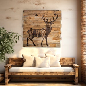 Extra large rustic deer wall  hanging for entryway.  It has a dark brown silhouette of a deer with forest scenery inside the body. Birds sit on their antlers. Artwork in wood-burning entirely by hand. The wood is naturally weathered brown.
