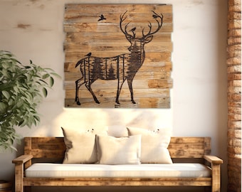 Deer Wood Wall Art, Entryway Decor, Pine Forest Wall Art, Stag Silhouette, Large Statement Piece For Living Room, Rustic Cabin Decor
