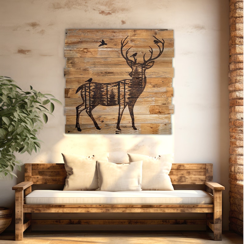 Extra large rustic deer wall  hanging for entryway.  It has a dark brown silhouette of a deer with forest scenery inside the body. Birds sit on their antlers. Artwork in wood-burning entirely by hand. The wood is naturally weathered brown.