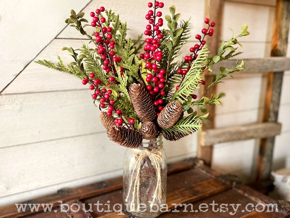 Christmas Berry Stem For Vase, Greenery Spray, Decorative Branch, Winter Flower Arrangement, Rustic Table Centerpiece, Pinecone Pick