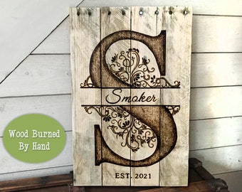 Last Name Sign For Wall Farmhouse, Monogram Family Name Sign, Wood Burned Sign With Date, Established Sign For House, Letter Art