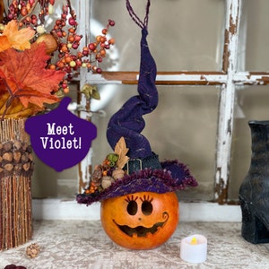 Può includere: Una zucca fantasiosa con un cappello da strega viola e bordeaux, decorata con ghiande e bacche. La zucca ha un viso dipinto con un sorriso amichevole. Il testo "Meet Violet!" è su un'etichetta viola.