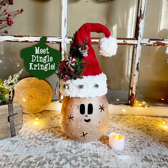 Christmas Gourds, Christmas Elf Decoration, Gourd Art, Table Centerpiece, Gourd Gift, Whimsical Display, Unique Christmas, Candle decor