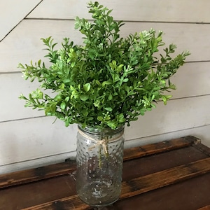 A bouquet of artificial boxwood greenery in a clear glass vase.