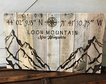 Reclaimed Wood Wall Art, New Hampshire, Personalized Latitude Longitude, Location Sign, Compass Decor, GPS Sign, Rustic Mountain Wood Art