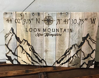 Reclaimed Wood Wall Art, New Hampshire, Personalized Latitude Longitude, Location Sign, Compass Decor, GPS Sign, Rustic Mountain Wood Art