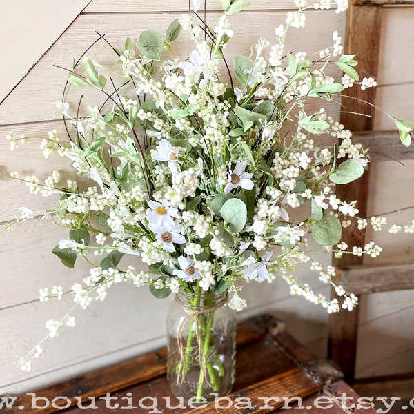 Daisy and Eucalyptus Wildflower Spray, Rustic Centerpiece Vase Filler, Faux Boho Flowers For Table