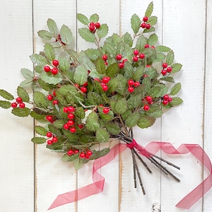 Christmas Holly Berry Spray, Mistletoe Flower Arrangement, Fake Flowers, Artificial Greenery,  Rustic Table Centerpiece, Wreath Supplies