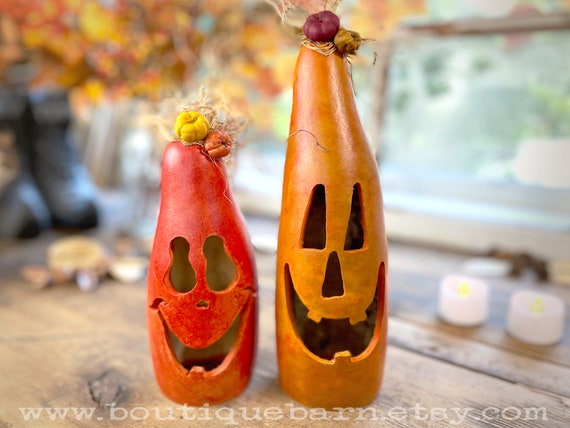 Fall Pumpkin Gourd Halloween Decoration, Primitive Pumpkin, Carved Gourd, Handmade Gourd Art