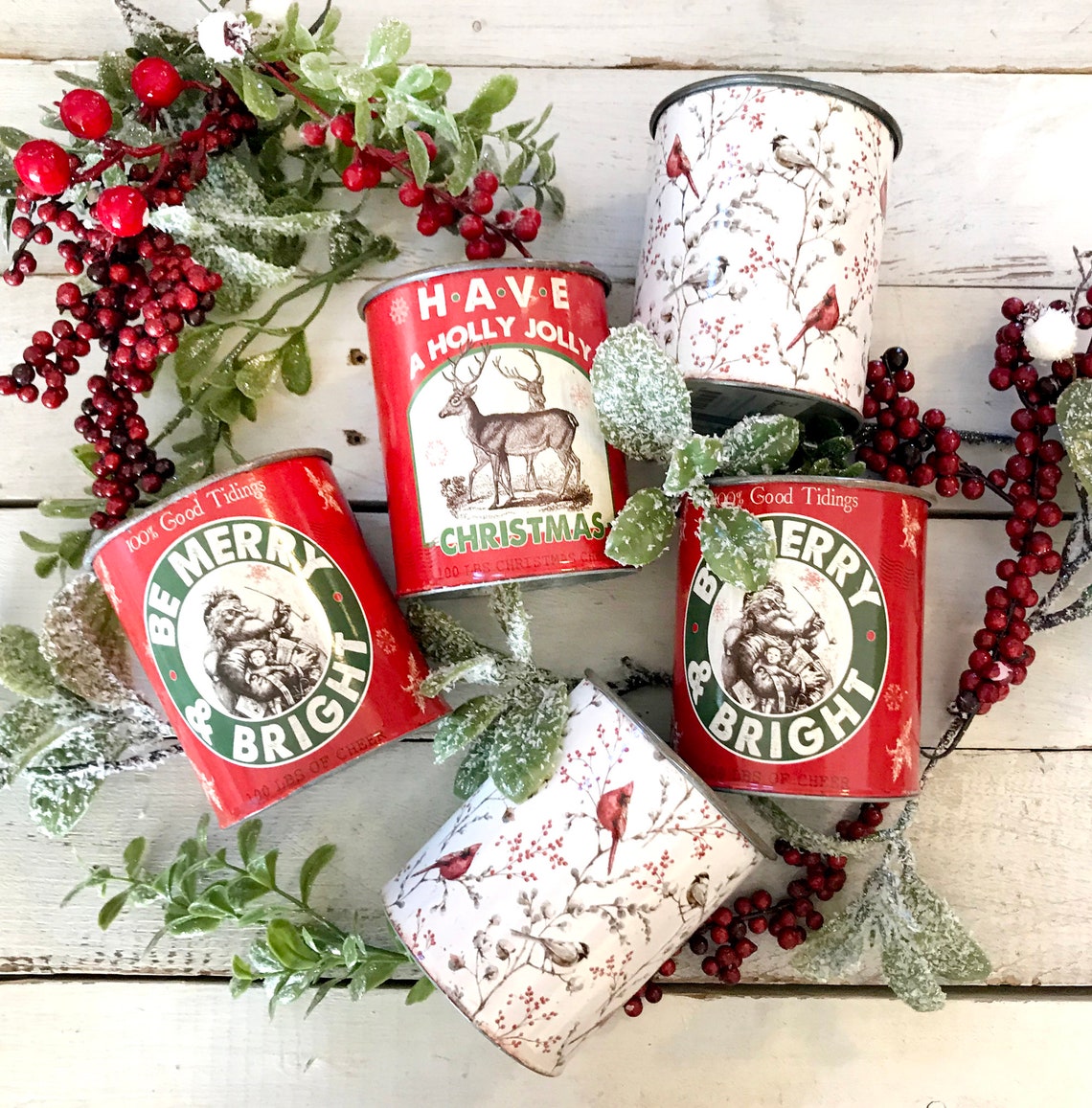Christmas Tin Can With Reindeer Christmas Cans Metal Cup Etsy