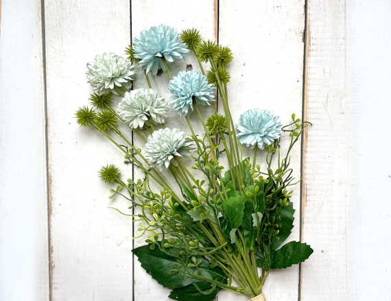 Blue Faux Flowers, Fake Thistle Flower, Artificial Wildflowers, Round Ball Flowers For Vase, Rustic Table Centerpiece