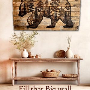 Wood Bear Wall Art, Pine Forest Wall Art, Black Bear Silhouette, Large Statement Wall Decor For Living Room, Reclaimed Wood Decor image 3