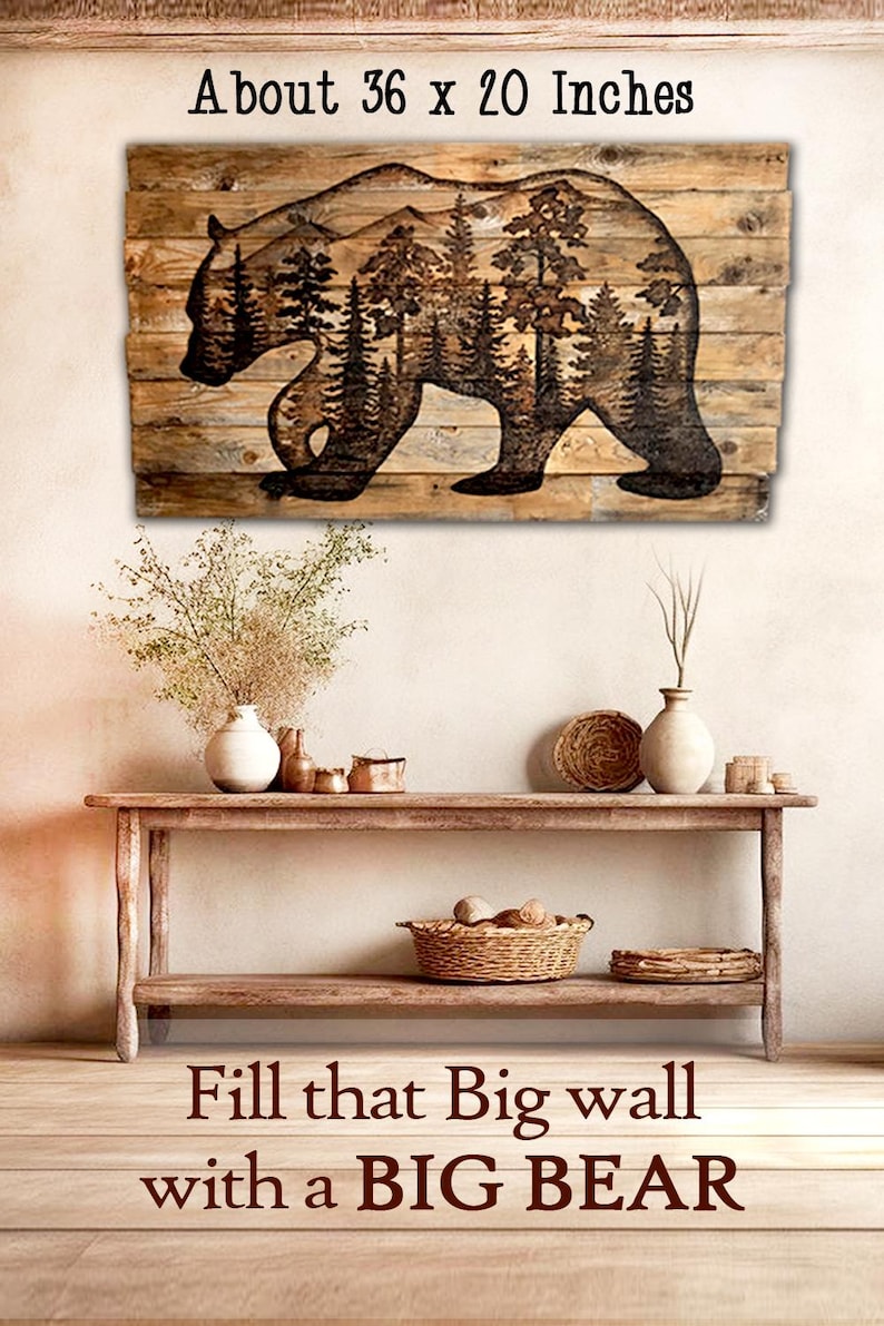 Wood Bear Wall Art, Pine Forest Wall Art, Black Bear Silhouette, Large Statement Wall Decor For Living Room, Reclaimed Wood Decor image 3