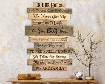 Family Rules In Our House Wood Sign, Extra Large Wood Wall Art, Family Values Decor, Art Commission