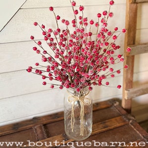 Red Berry Sprays For Christmas Decorating, Iced Berries For Rustic Holiday Centerpiece