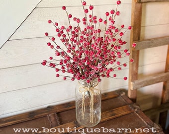 Red Berry Sprays For Christmas Decorating, Iced Berries For Rustic Holiday Centerpiece