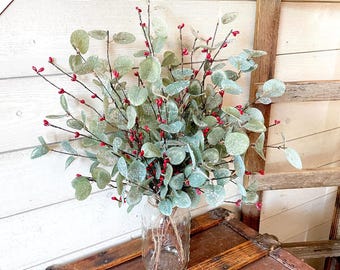 Christmas Greenery, Frosted Eucalyptus Spray With Red Berries For Vase, Mason Jar Christmas, Winter Flower Arrangement