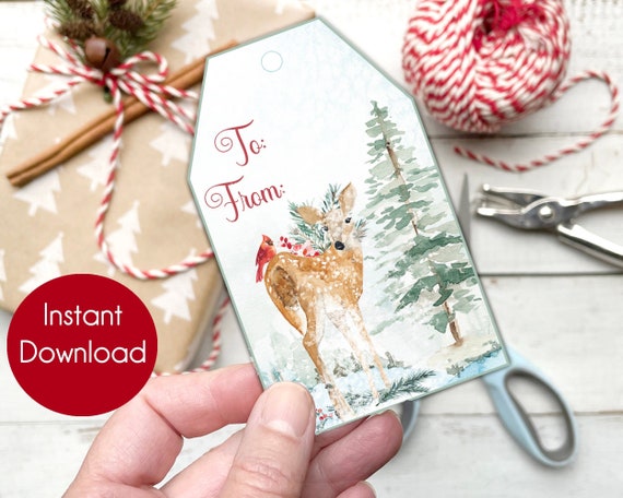 Printable Winter Deer Christmas Gift Tag, Woodland Animal Cardinal Gift Tag, DIY Favor Tag, Christmas Wrapping Digital Download
