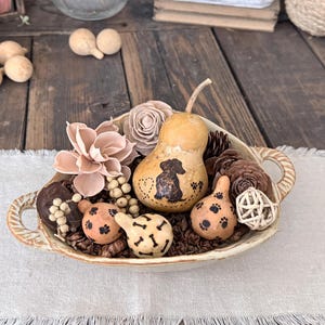 May include: A decorative bowl filled with dried gourds, pine cones, and wooden flowers. The gourds are painted with dog silhouettes and paw prints. The bowl has a rustic, farmhouse aesthetic.