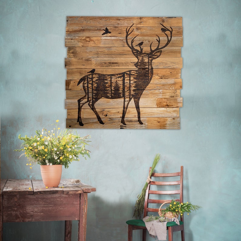 Large square deer wall hanging on country farmhouse blue kitchen wall
