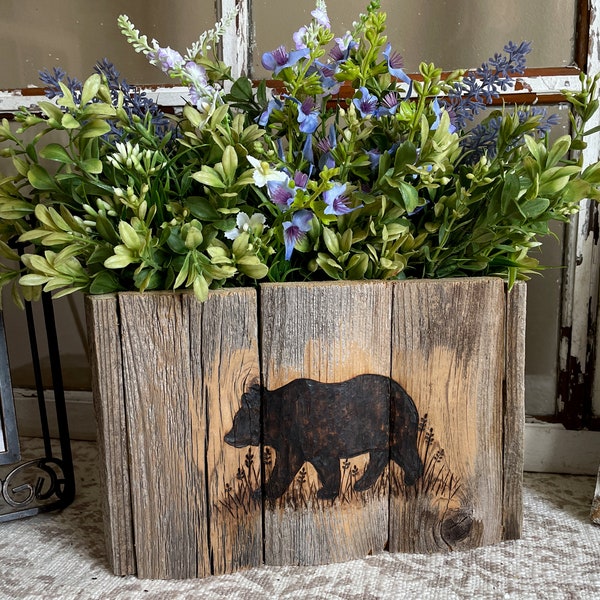 Greenery Arrangement, Wood Centerpiece For Table, Wood Vase Handmade, Reclaimed Wood Box, Bear Decor For Cabin, Black Bear Decor