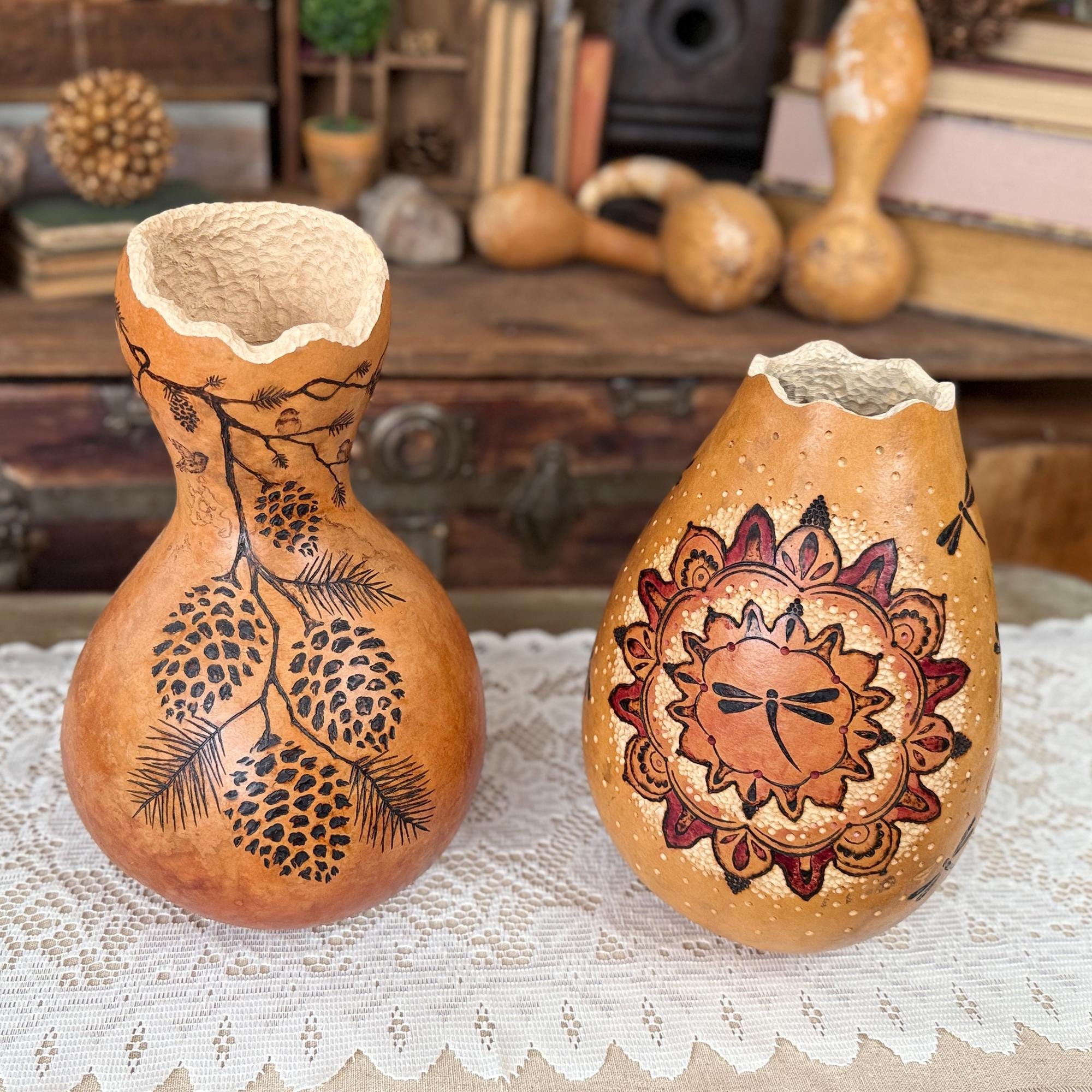 Dragonfly Vase Home Décor, Gourd Art, Natural Rustic Table