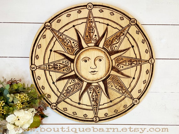 Handmade Celestial Wood Compass