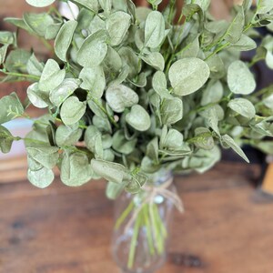 This is atop view of a bouquet of fake eucalyptus greenery. The sprays sit in a glass jar.