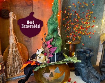 Rustic Halloween Pumpkin, Fall Gourd Witch Decoration, Whimsical Carved Gourd Art, Indoor Fall Pumpkin With Lights