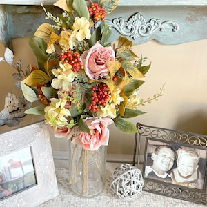 Flower Bouquet For Home, Cottagecore Decor, Pink Rose For Table Centerpiece, Vintage Antique Style Flowers For Vase, Flowers For Mom