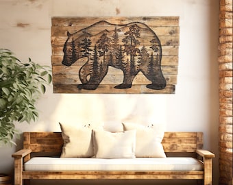 Wood Bear Wall Art, Pine Forest Wall Art, Black Bear Silhouette, Large Statement Wall Decor For Living Room, Reclaimed Wood Decor