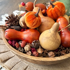Può includere: Una ciotola di legno piena di una composizione autunnale. La composizione comprende varie zucche nei toni dell'arancione, beige e rosso, insieme a pigne e bacche. La ciotola è appoggiata su una tovaglietta di pizzo bianco sporco.