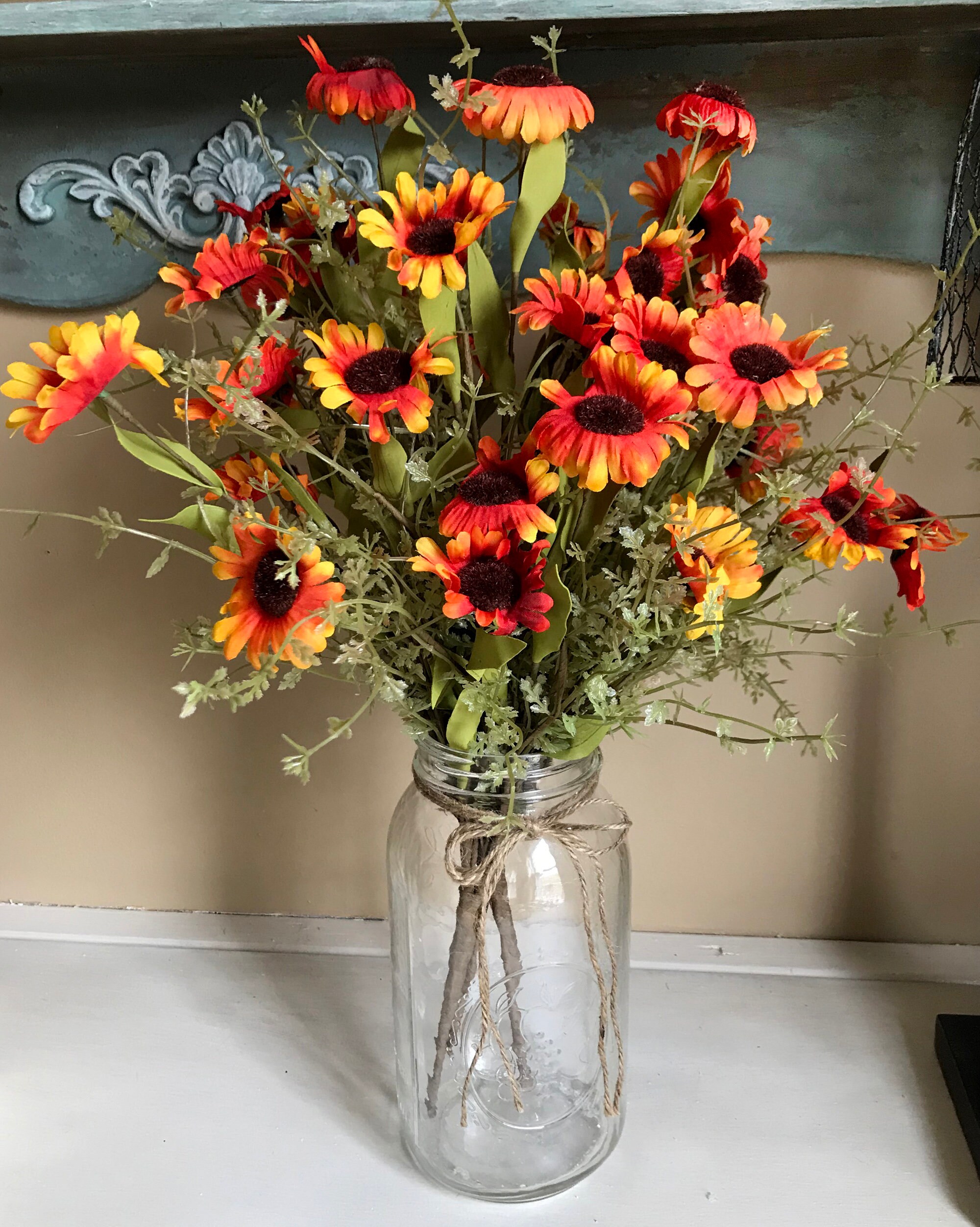 Fall Flowers Fake Daisy Wildflower Bouquet Rustic Etsy